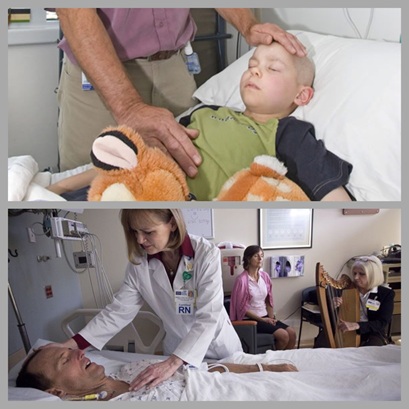 2 imagenes donde se ven terapeutas dando reiki a pacientes oncológicos