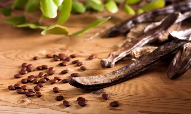 bayas de algarroba encima de una mesa de madera