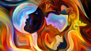 pintura abstractas de caras entre olas de colores