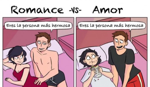 viñeta romance vs amor con frases positiva entre pareja