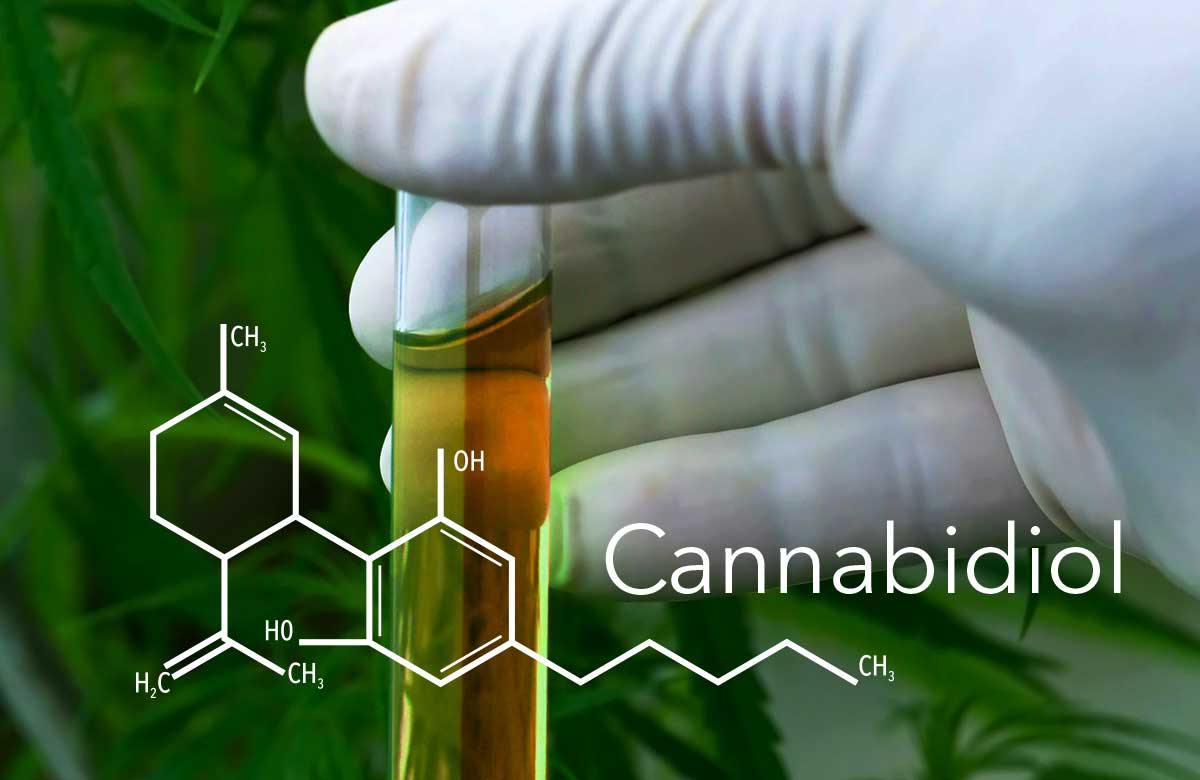 ampolla de cannabidiol con dibujado su composición química