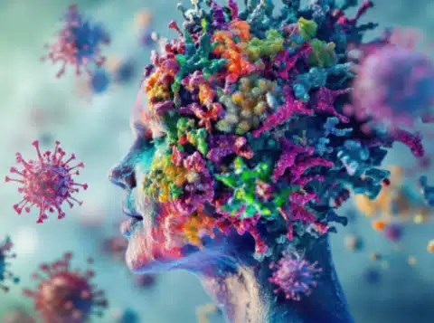 cara y cabeza de mujer hecha con células de muchos colores