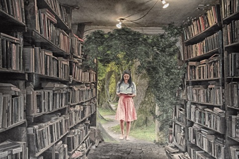 dibujo de una chica entrando desde un bosque en una librería mágica