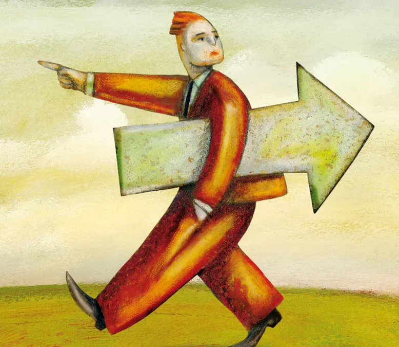 viñeta hombre que anda e indica en una dirección , pero mira hacia atrás