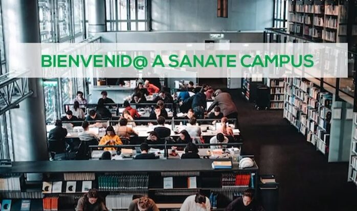 presentación Sanate Campus-biblioteca con gente en varias mesas