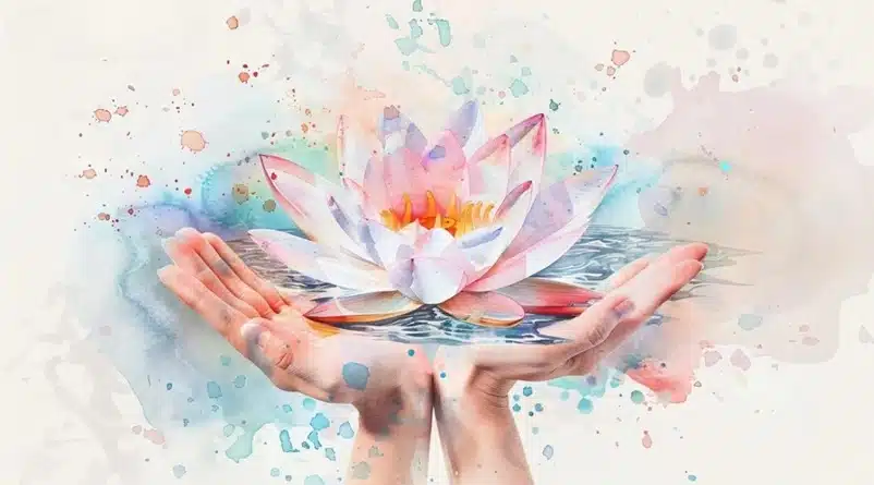 acuarela de manos sujetando una flor de loto